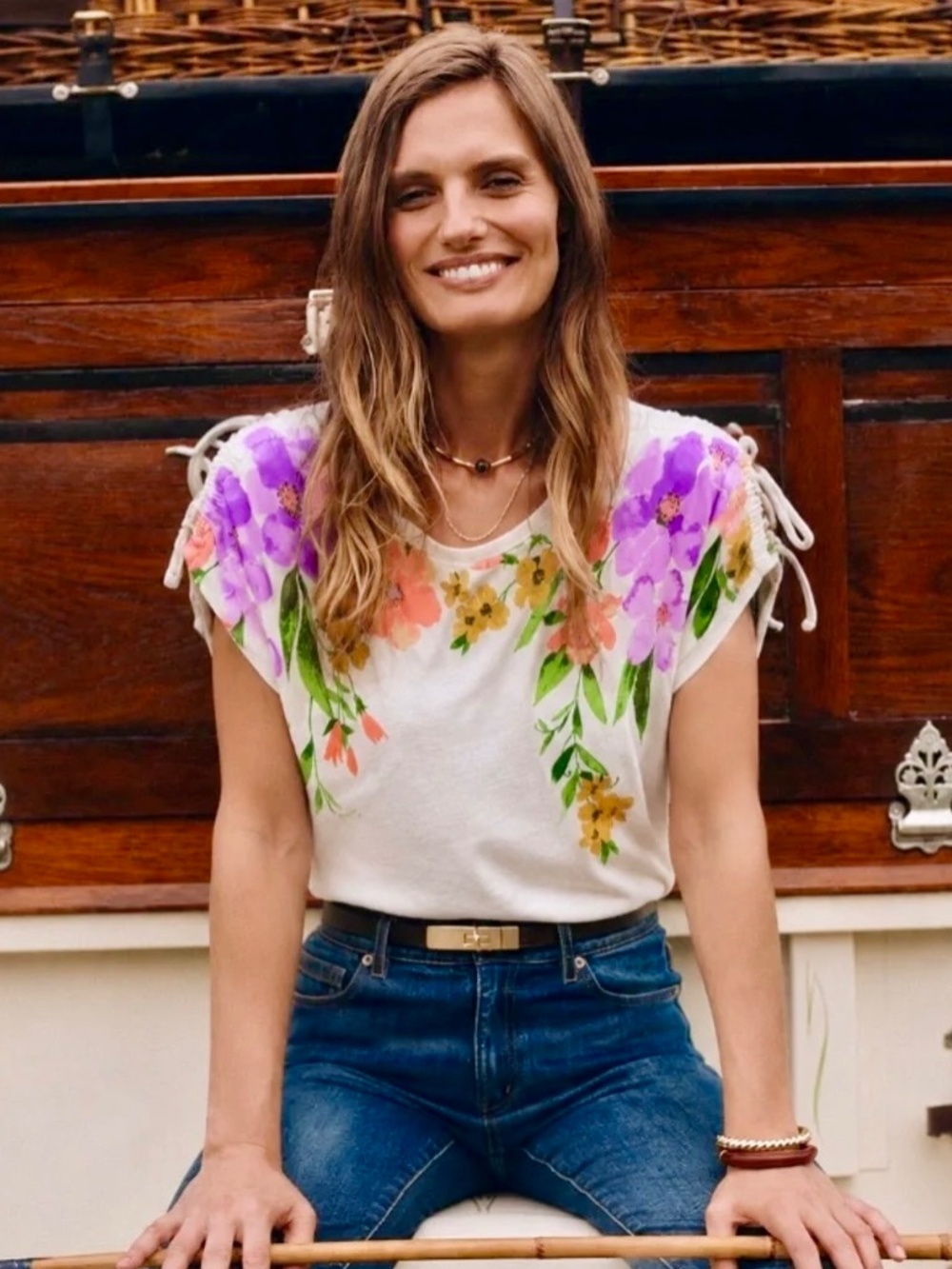 Romantic Garden Party Floral Linen Blend Tie‎ Sleeve Peasant Top